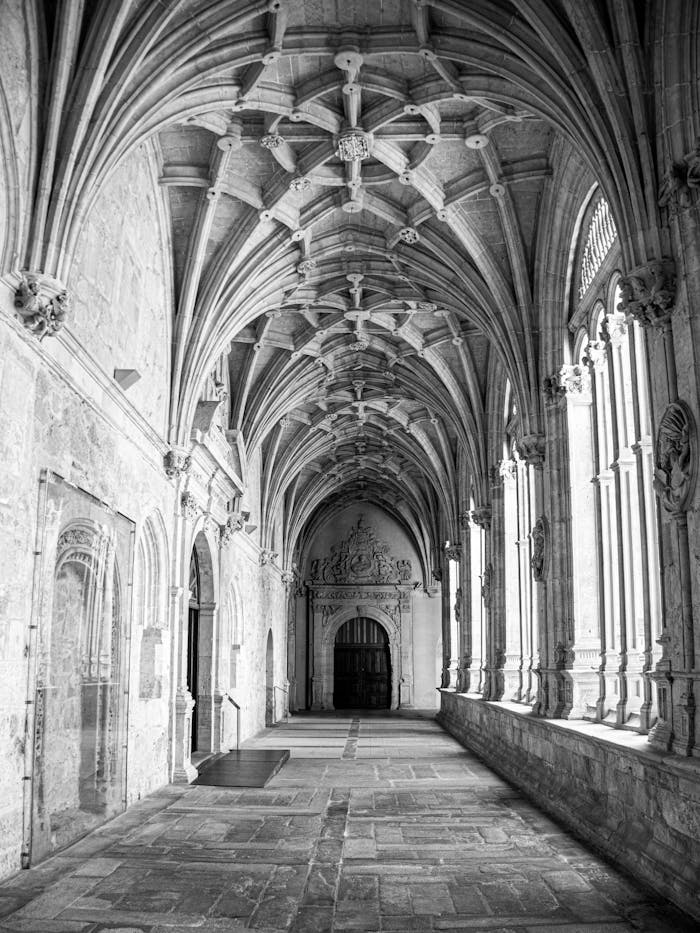 Black and white photograph showcasing intricate Gothic archways in a Salamanca monastery.